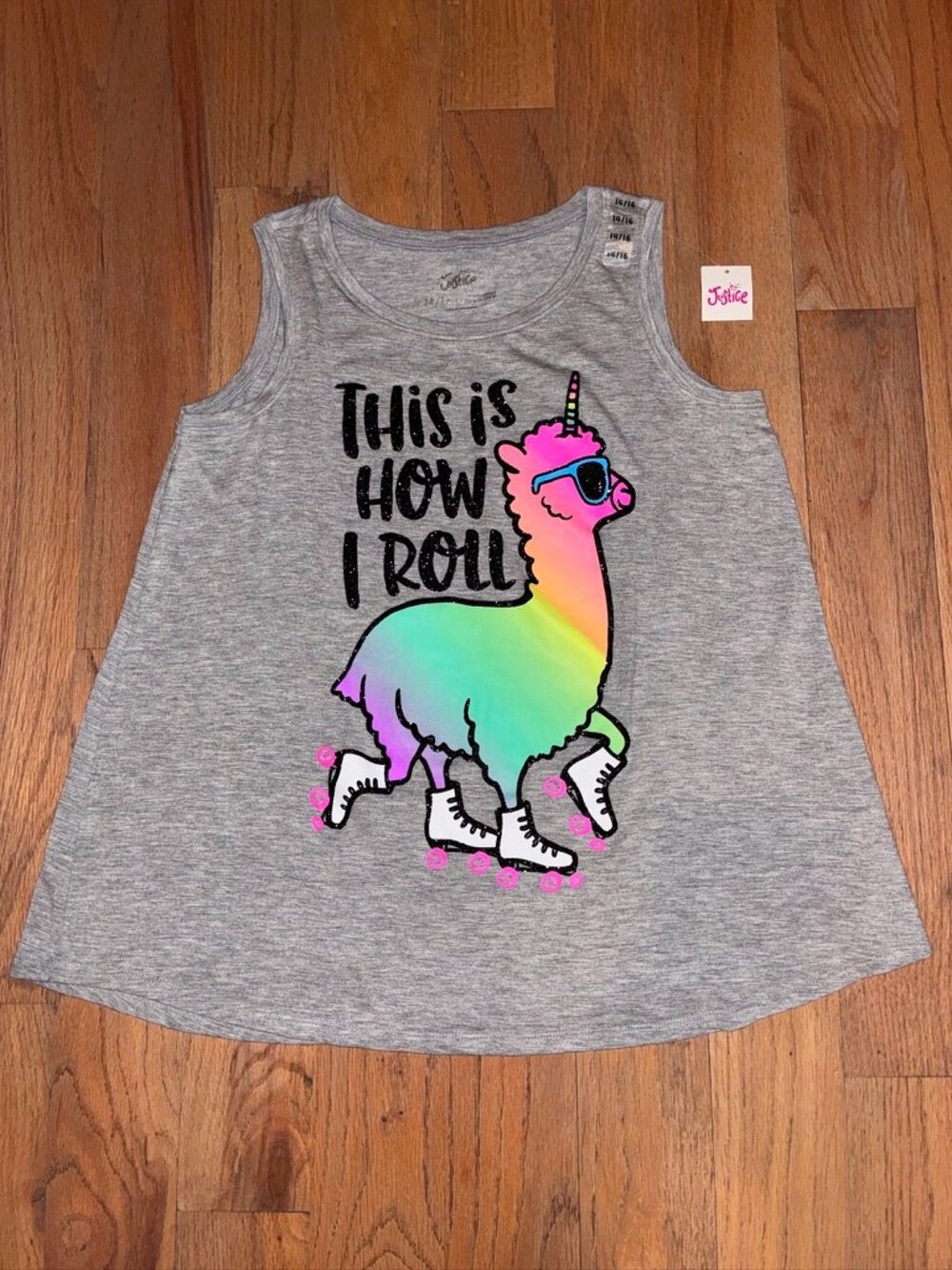 NWT Justice Girls 14/16 This Is How I Roll Rainbow Llama Roller Skate Tank Top